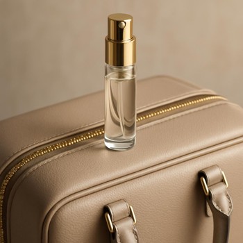 Compact travel perfume bottle on top of a closed carry-on bag