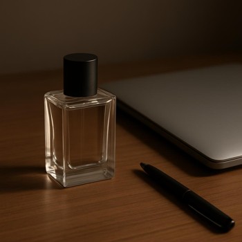 Perfume bottle placed beside a closed laptop and pen on a tidy table