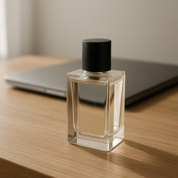 Perfume bottle on a tidy desk with a closed laptop