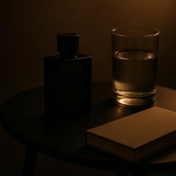 Perfume bottle on a small round table prepared for the evening