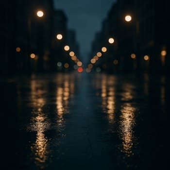 City street with reflections after rain under distant lights
