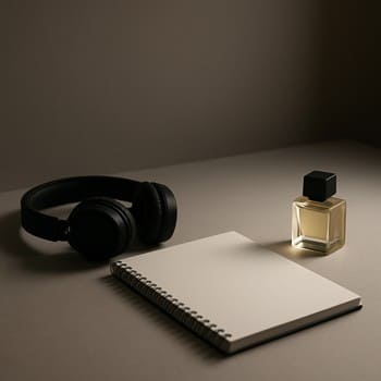Studio desk with headphones, sketchbook and a small perfume bottle