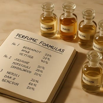Notebook with perfume ratios open next to labelled glass bottles