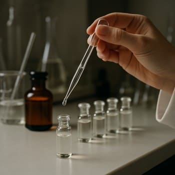 Perfumer using a glass pipette to dose liquid into a small vial