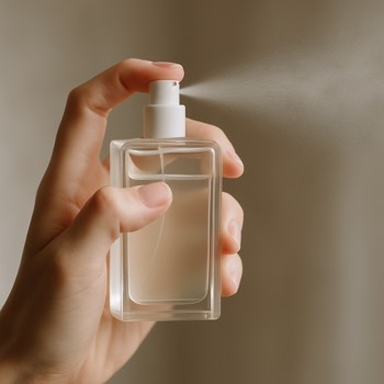 Hand holding a perfume bottle ready to spray into the air