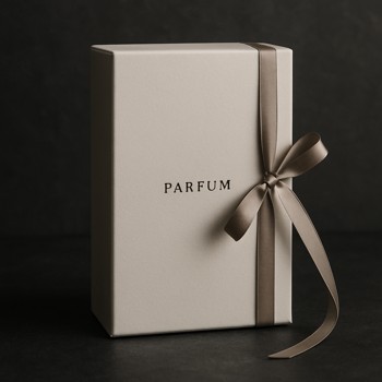 Closed perfume box with a slim ribbon on a dark table