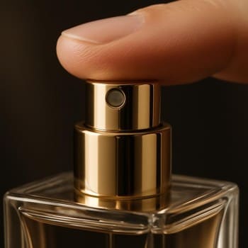 Close view of a finger pressing down a perfume spray nozzle