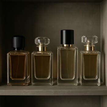 Perfume bottles stored upright on a cool, shaded shelf
