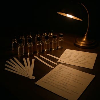 Perfumer's table with vials, blotters, and notes illuminated by a warm lamp
