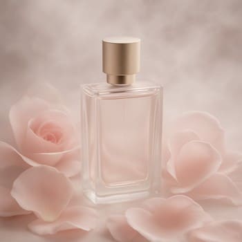 Perfume bottle surrounded by rose petals in a soft mist
