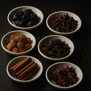 Perfume ingredients such as resins, woods, and spices arranged in small dishes