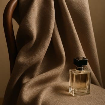 Folded fabric draped over a chair with a perfume bottle nearby