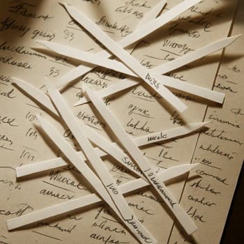 Scent strips scattered across the bench with scribbled notes