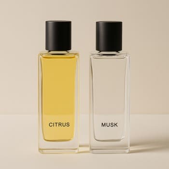 Two slim perfume bottles, one citrus and one musk, placed side by side