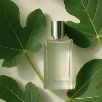 Perfume bottle between fig leaves catching pale daylight