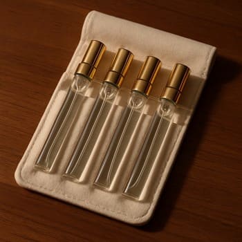 Set of slim travel perfume vials arranged in a fabric pouch