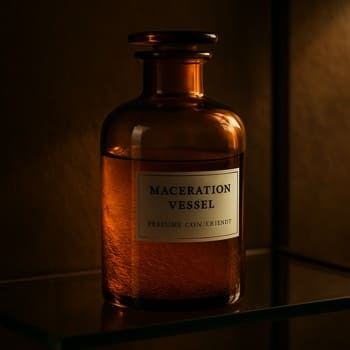 Amber maceration vessel of perfume concentrate resting on a glass shelf