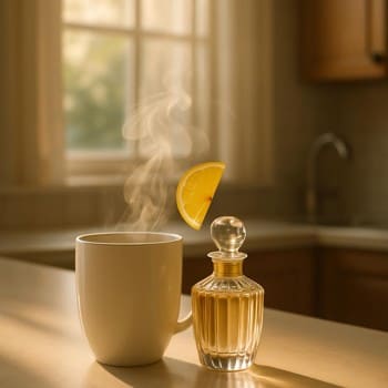 Soft morning kitchen light with a coffee mug and a perfume bottle