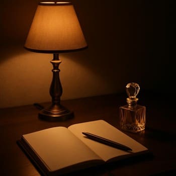 Night desk with a lamp, notebook and a small perfume bottle