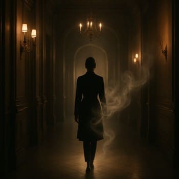 Person walking down a dim corridor with a soft scent trail