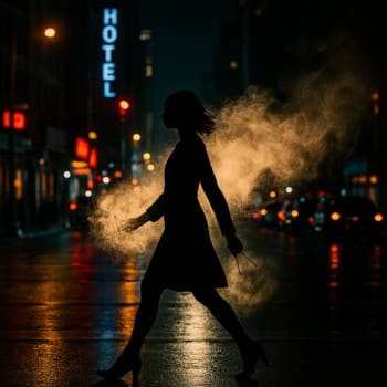 Silhouette crossing a night street with lights and visible perfume mist