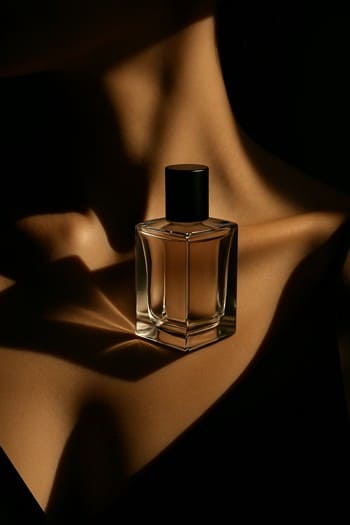 Perfume bottle near a collarbone catching dramatic evening shadows