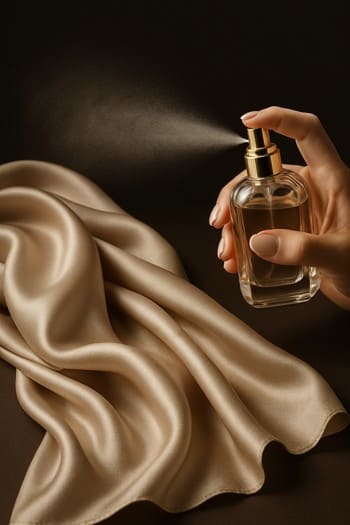 A silk scarf being misted with perfume to hold scent between wears