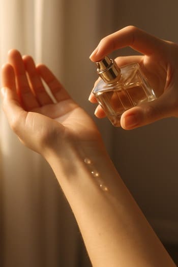 Perfume being applied lightly to the inside of a wrist in morning light